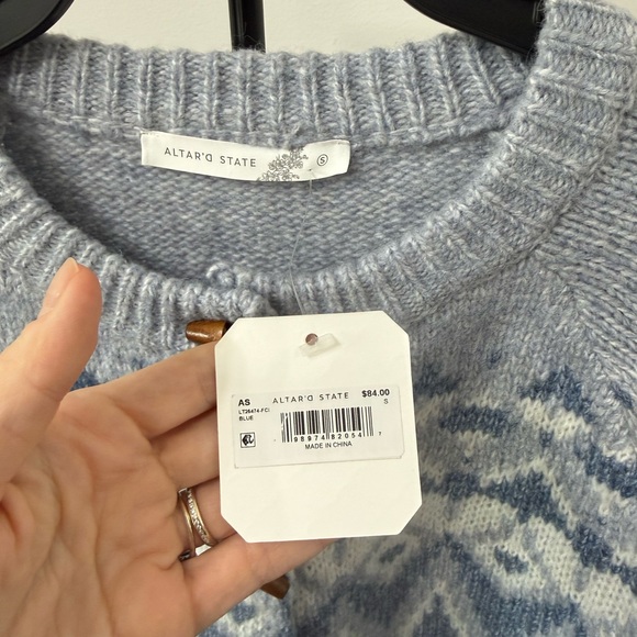 Altar'd State Blue and White Patterned Wool Blend Cardigan - Picture 6 of 8